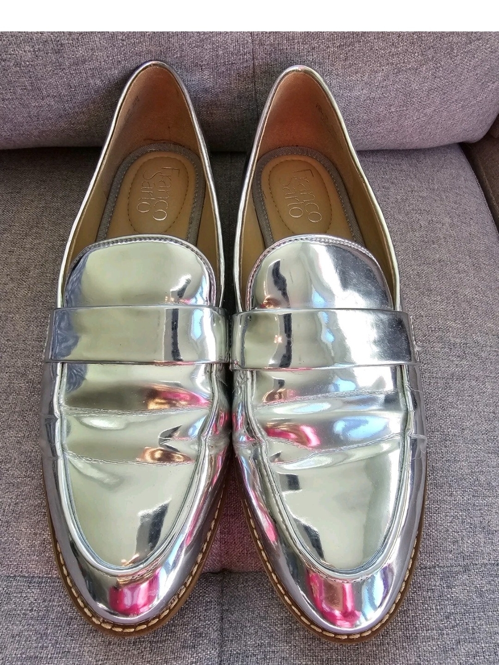Franco Sarto Hudley Loafer. Silver Chrome Metallic Loafers Size 7.5
